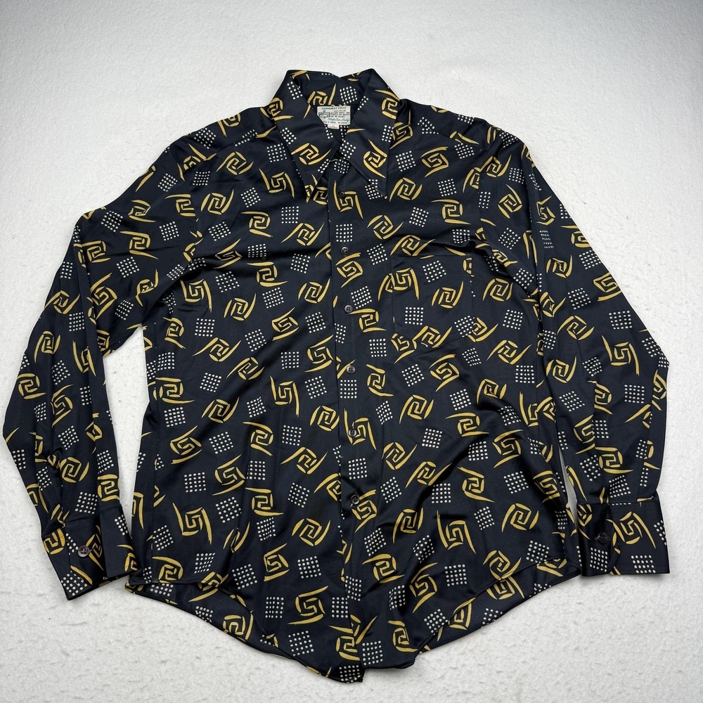 Vintage Kmart Shirt Mens Large Black Geometric Long Sleeve Button Up Nylon Retro